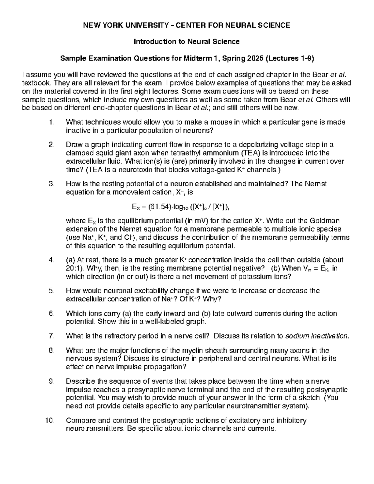 Study questions for midterm 1 - NEW YORK UNIVERSITY - CENTER FOR NEURAL ...