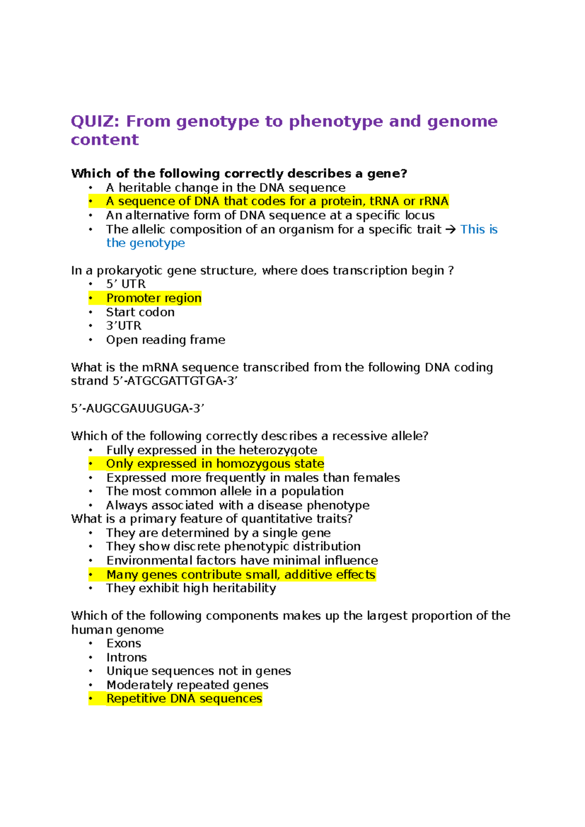 Section 2 - Quiz - QUIZ: From genotype to phenotype and genome content ...