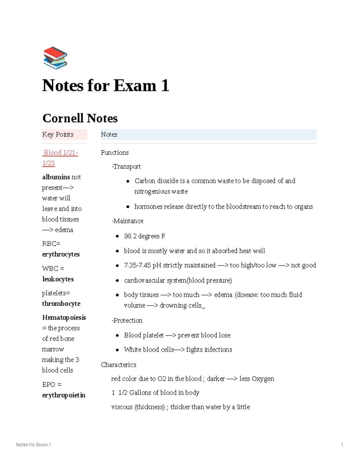 Blood Functions and Circulatory System Overview: Notes for Exam 1 - Studocu