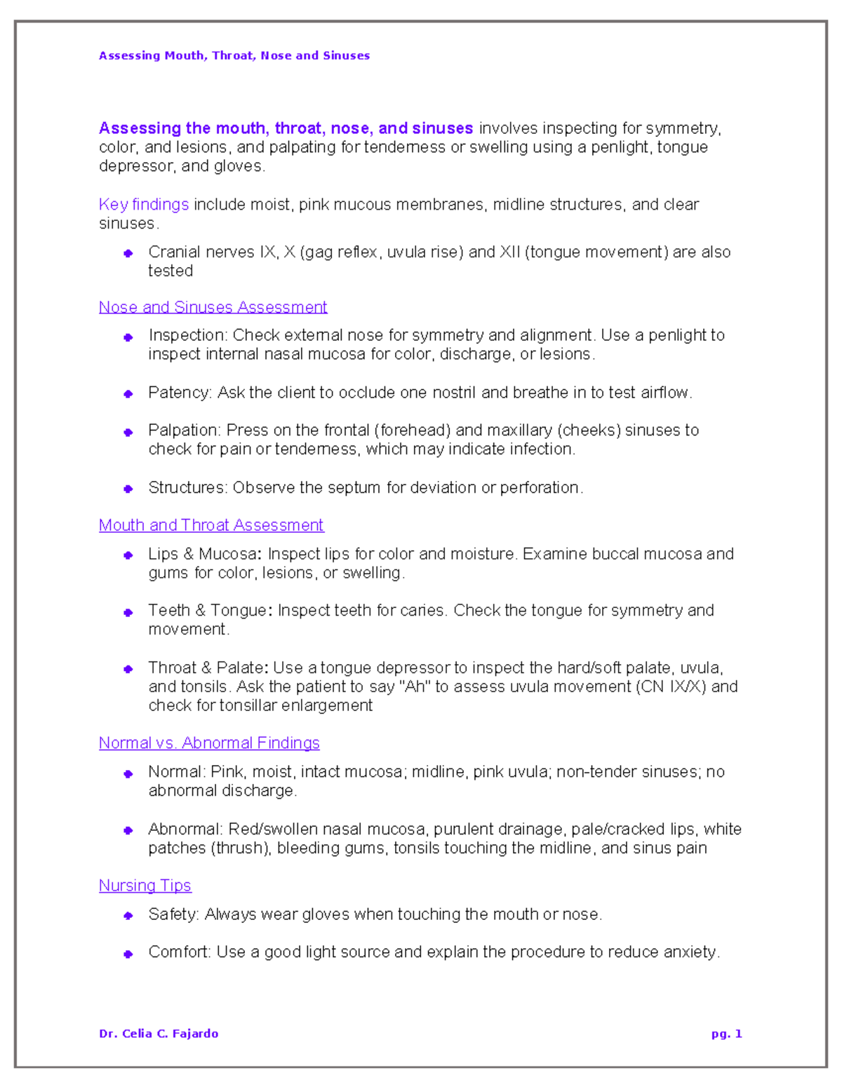 Assessing Mouth, Throat, Nose, and Sinuses: Key Techniques and Findings ...