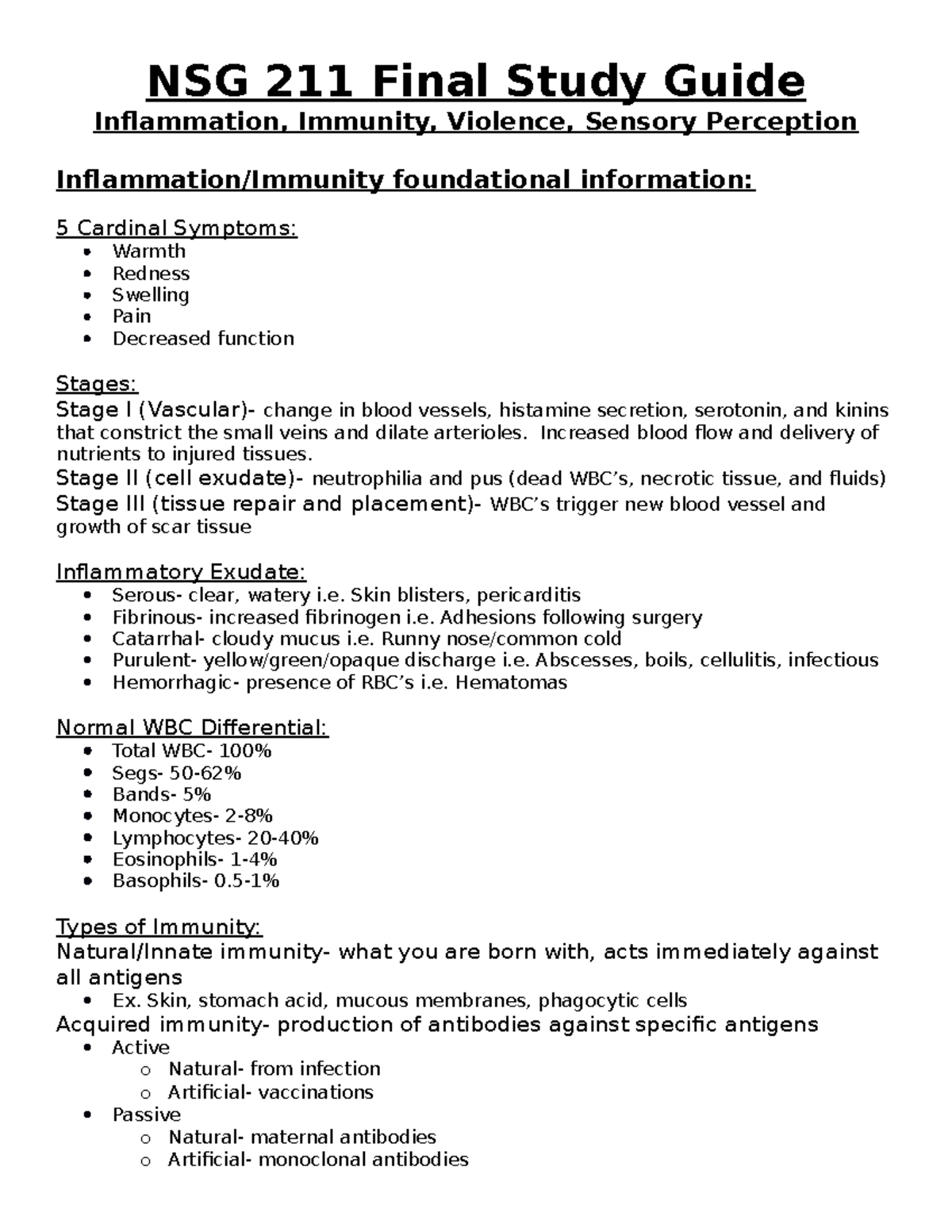NSG 211 Final Exam Study Guide: Inflammation, Immunity & Violence - Studocu