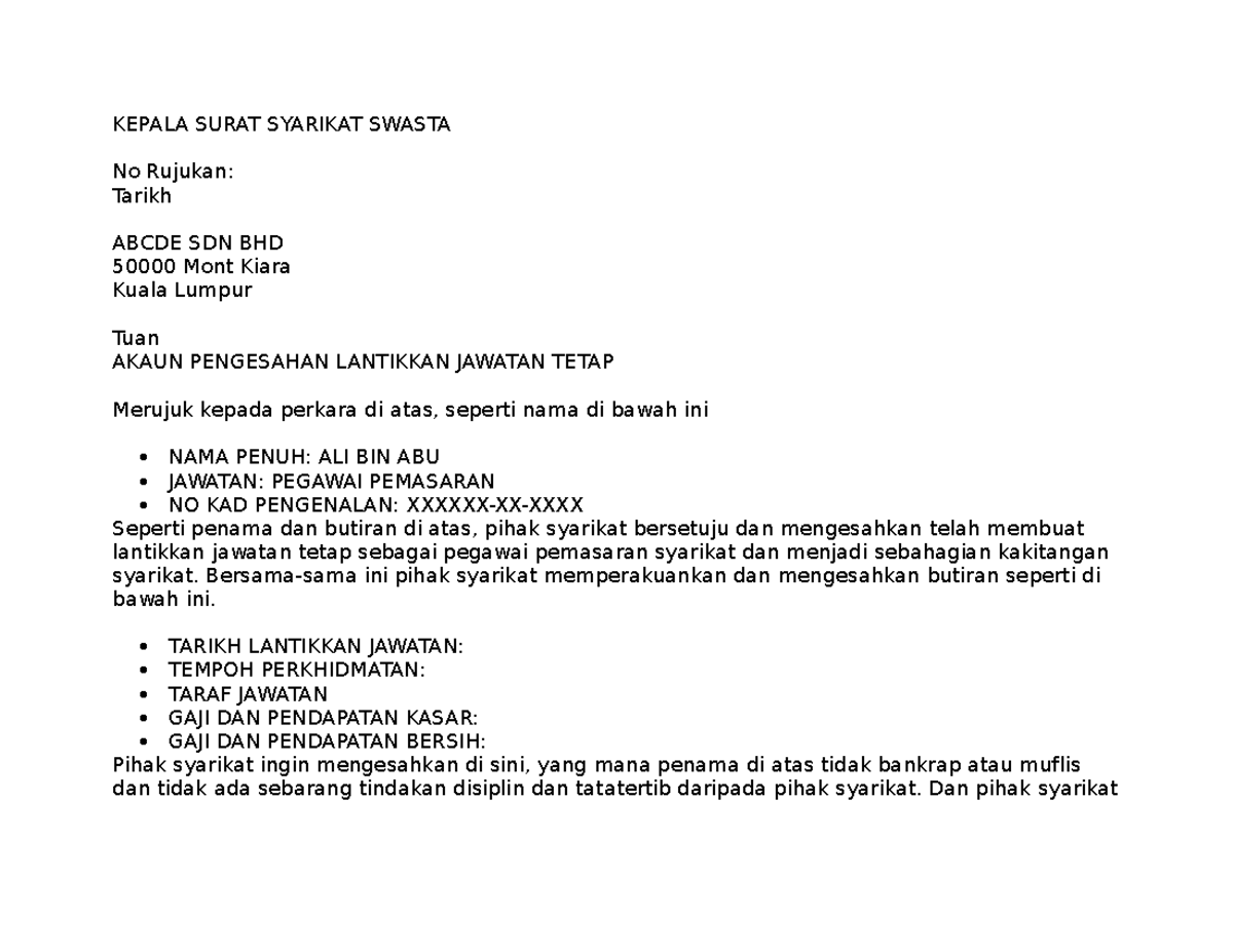 Contoh Surat Pengesahan Lantikan Jawatan Tetap - ABCDE SDN BHD - Studocu