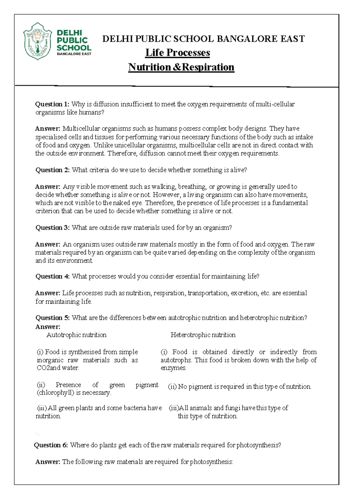 Class X Chapter 5 Life Processes Notes - DPS Bangalore East NCERT - Studocu