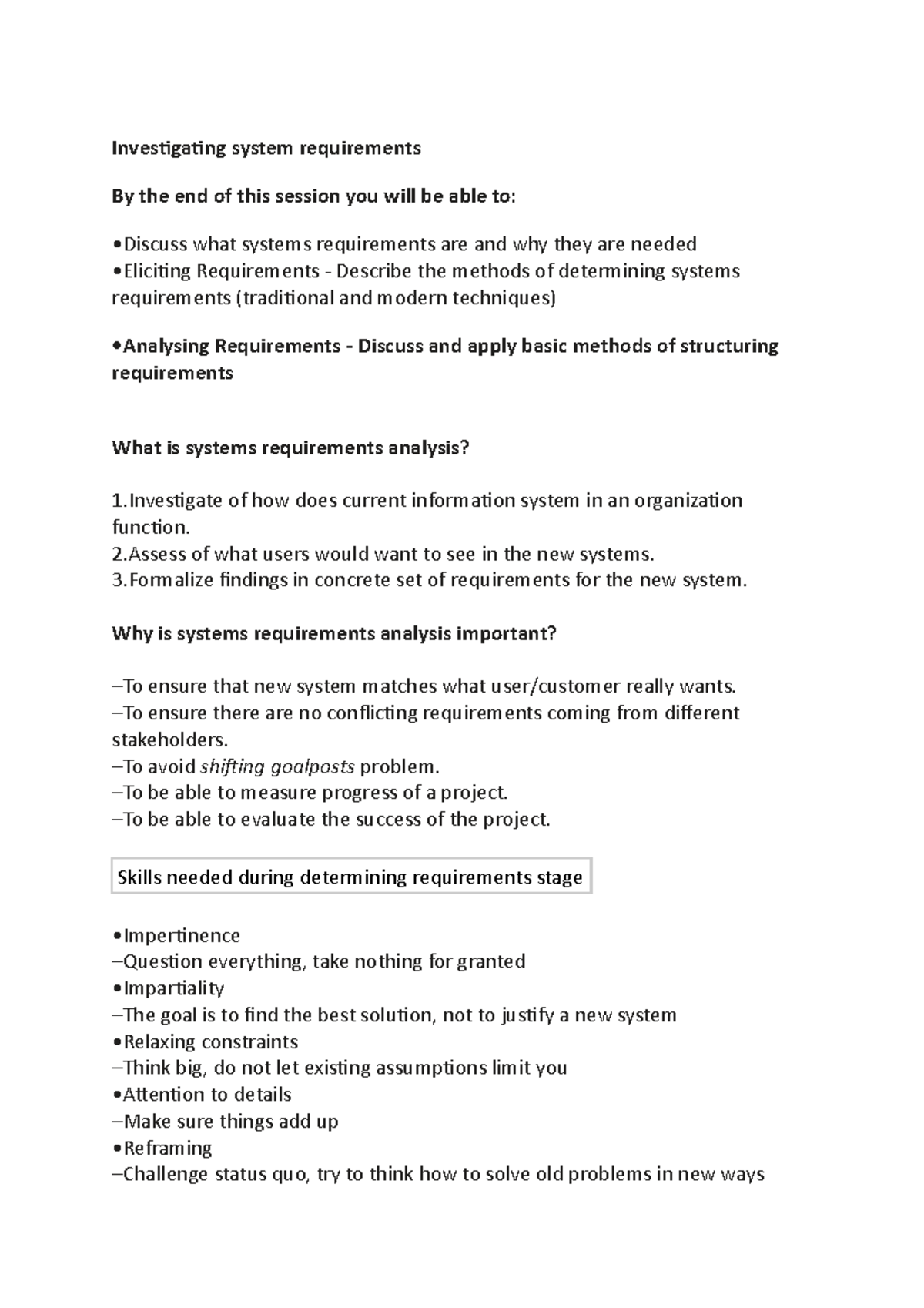 System Requirements Analysis: Techniques and Importance Insights - Studocu