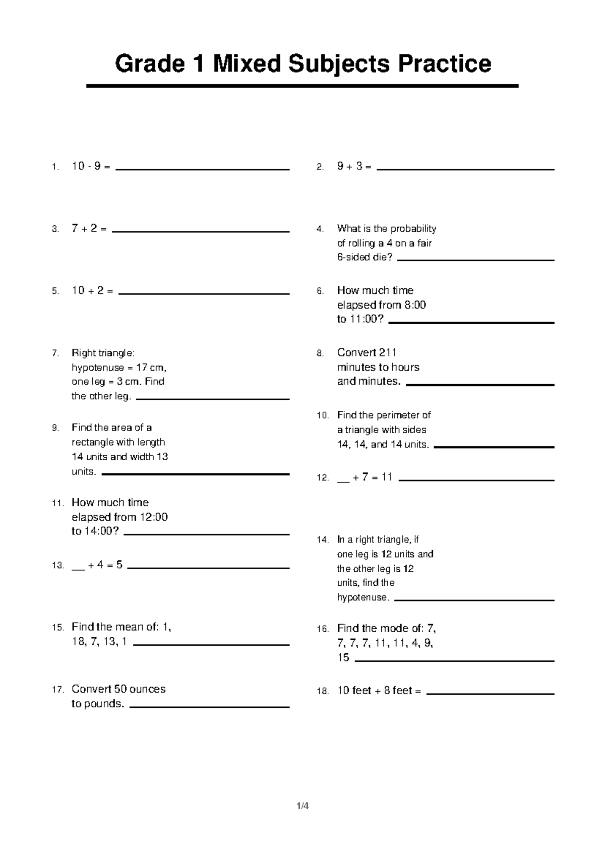 Grade 1 Mixed Subjects Practice 12: Math Problems & Solutions - Studocu