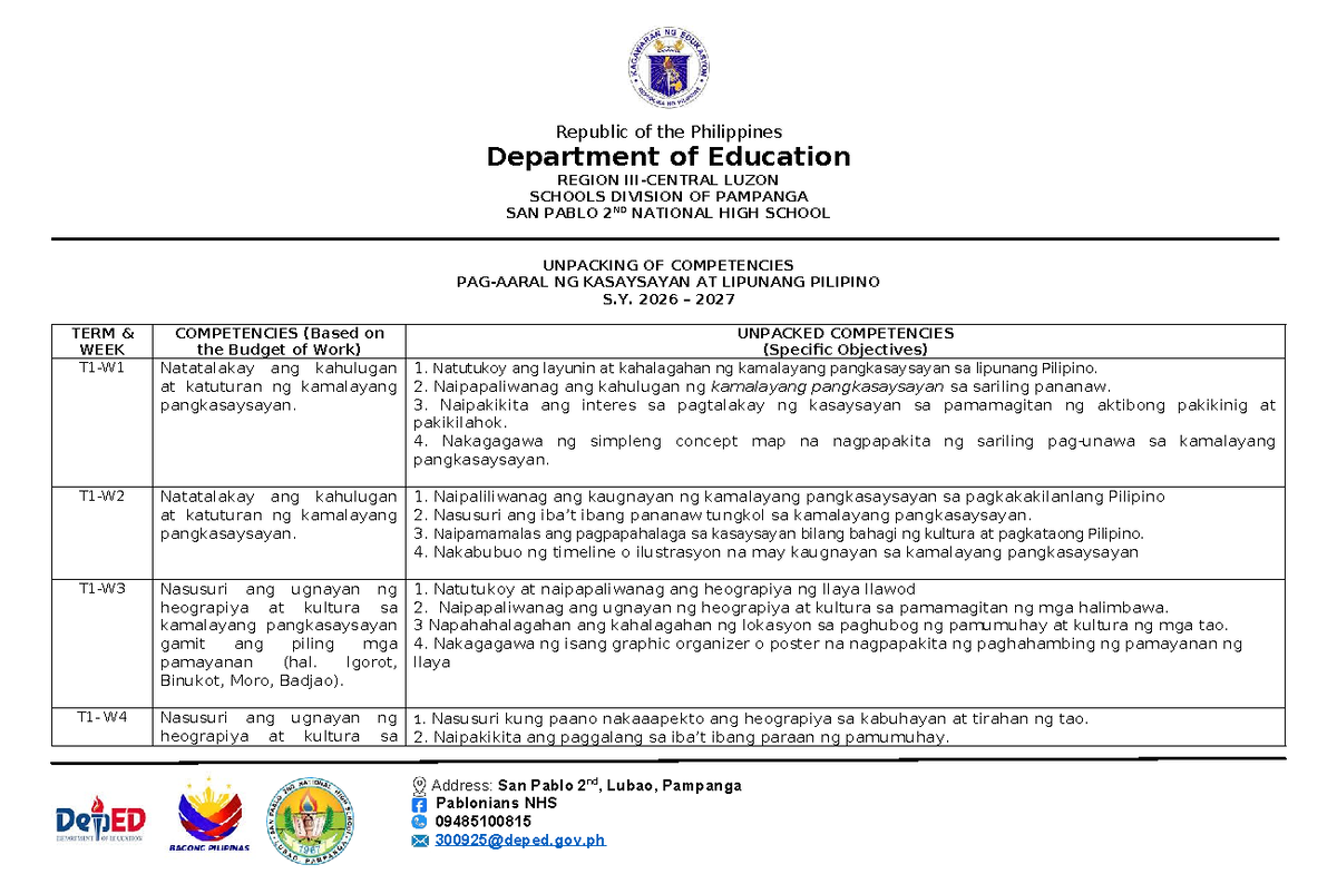 Unpacking of Competencies in Kasaysayan at Lipunang Pilipino S.Y. 2026-2027 - Document Preview