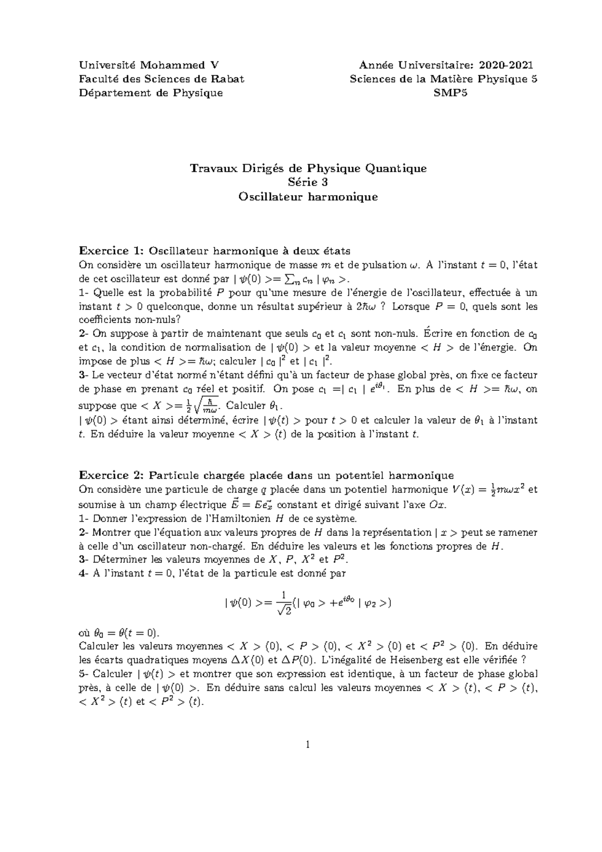 TD de Physique Quantique - Série 3: Exercices sur l'Oscillateur ...