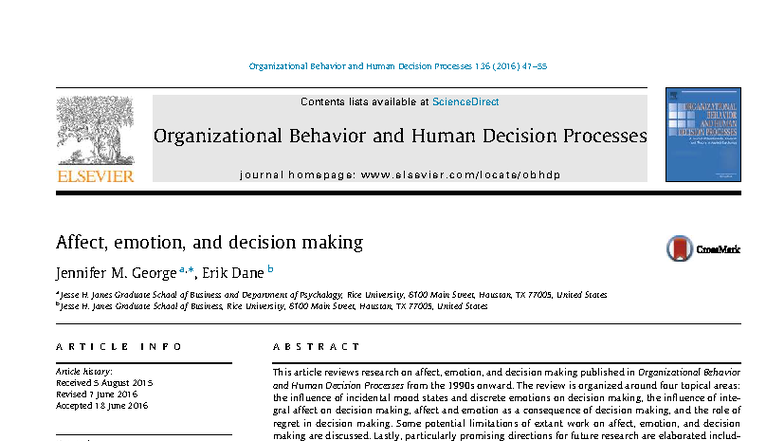 E4942 - Final Exam Notes on Affect, Emotion, and Decision Making in ...