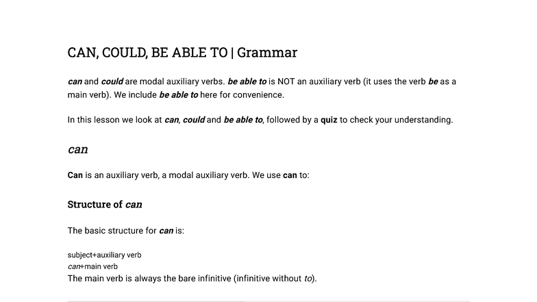 CAN, COULD, BE ABLE TO - Grammar Overview and Quiz - Studocu