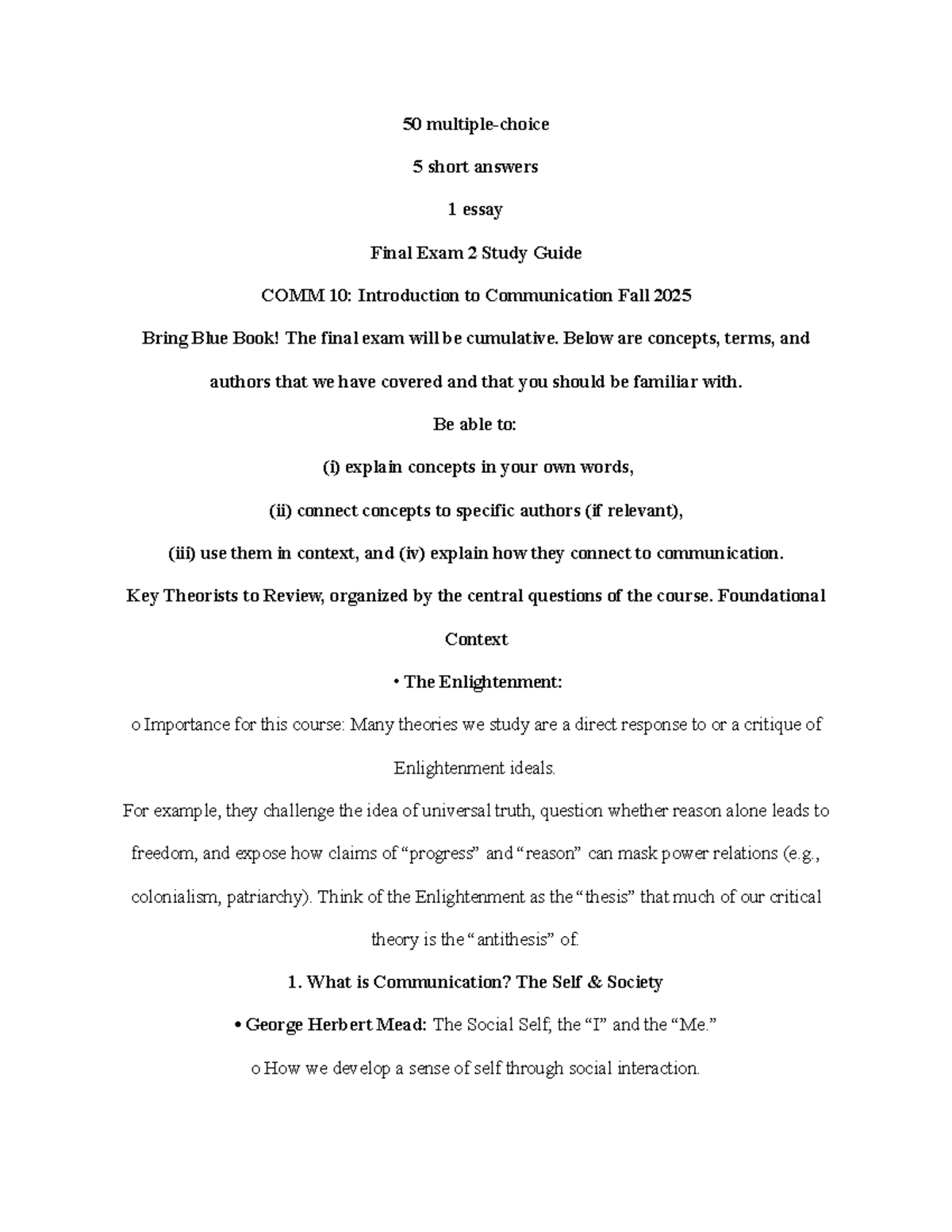 COMM 10 Final Exam Study Guide: Key Concepts & Theorists Overview - Studocu