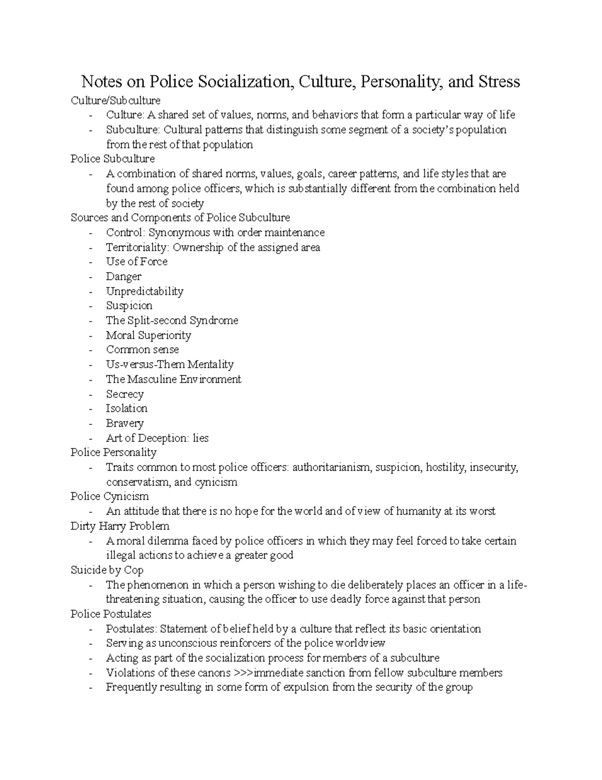 Notes on Police Socialization, Culture, and Personality Insights - Studocu