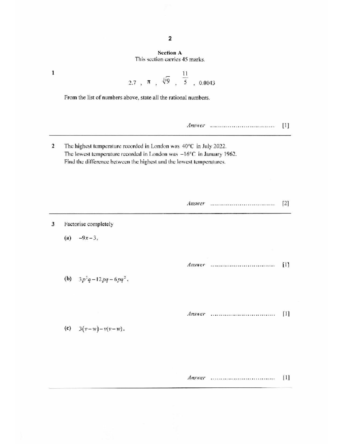 Sec 1 Math Practice Paper 5: Rational Numbers & Geometry Problems - Studocu