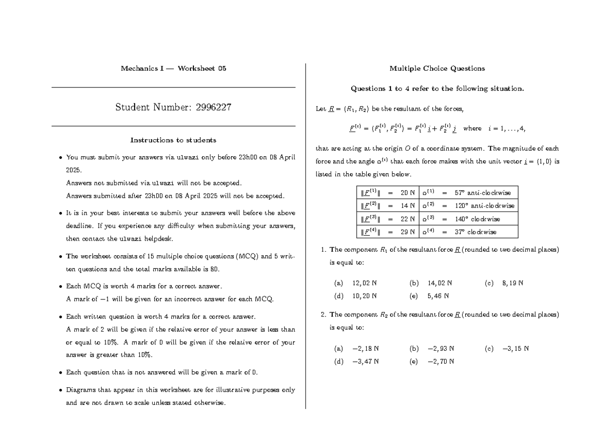 Mechanics I Worksheet 05: MCQs & Written Questions (Student ID: 2996227 ...