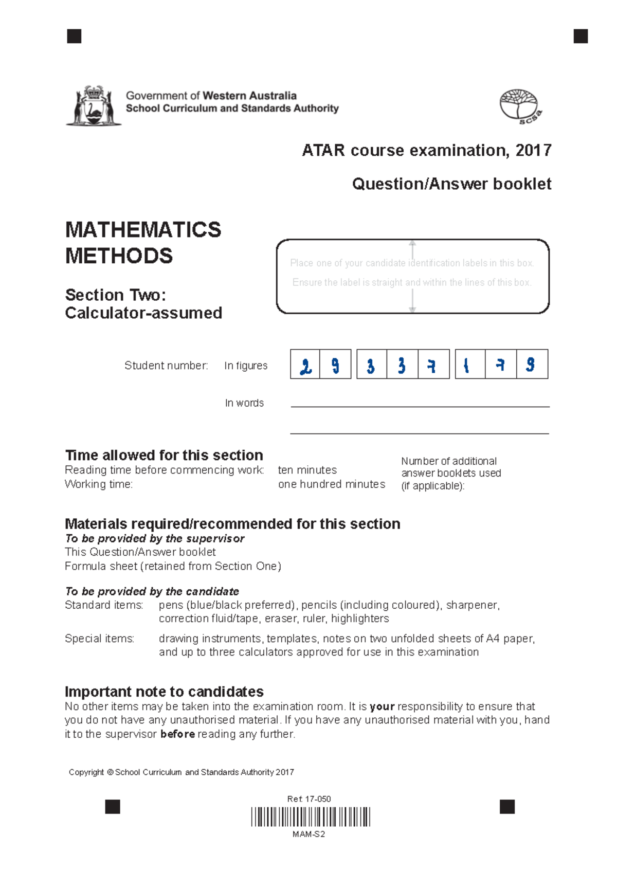 Mathematical Methods Calc Assumed Exam 2017 2 - Student number: In ...