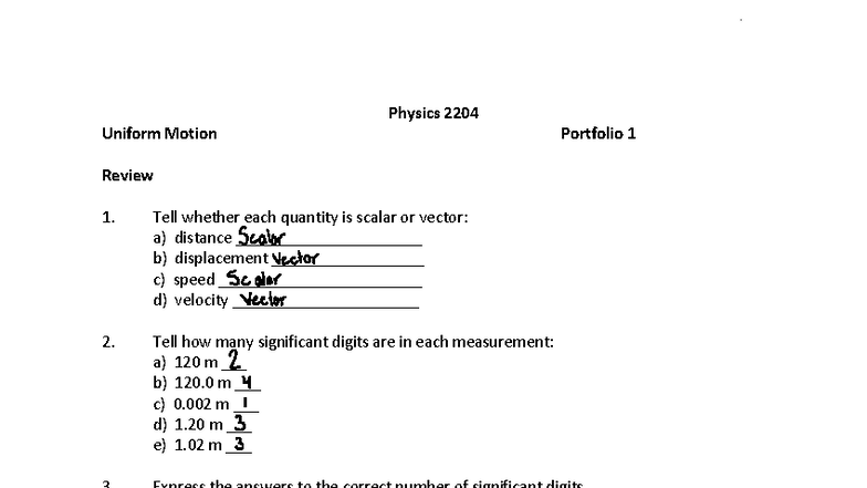 Portfolio 1 Kin - practice - Physics 2204 Uniform Motion Portfolio 1 ...