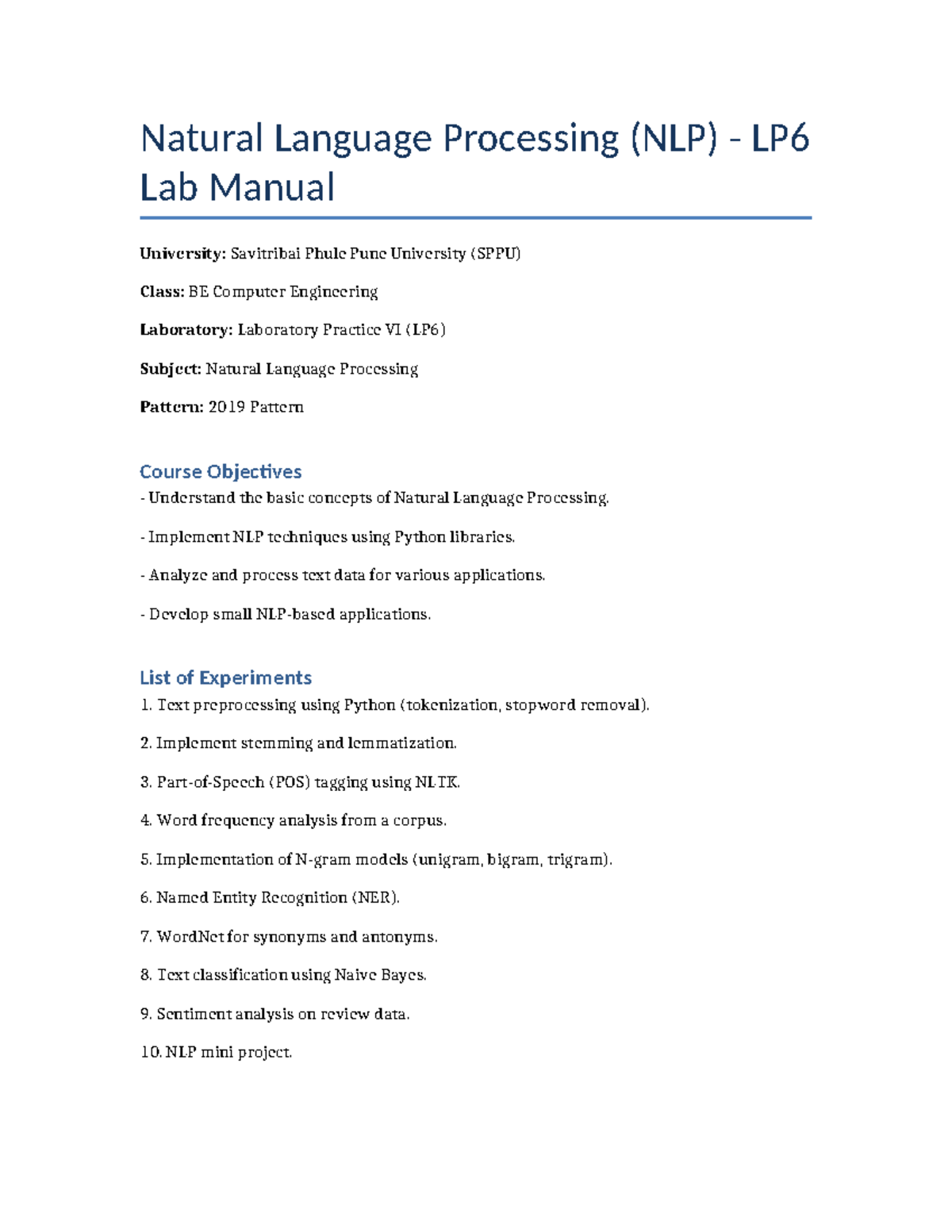 NLP LP6 Lab Manual - BE Computer Engineering SPPU - Studocu