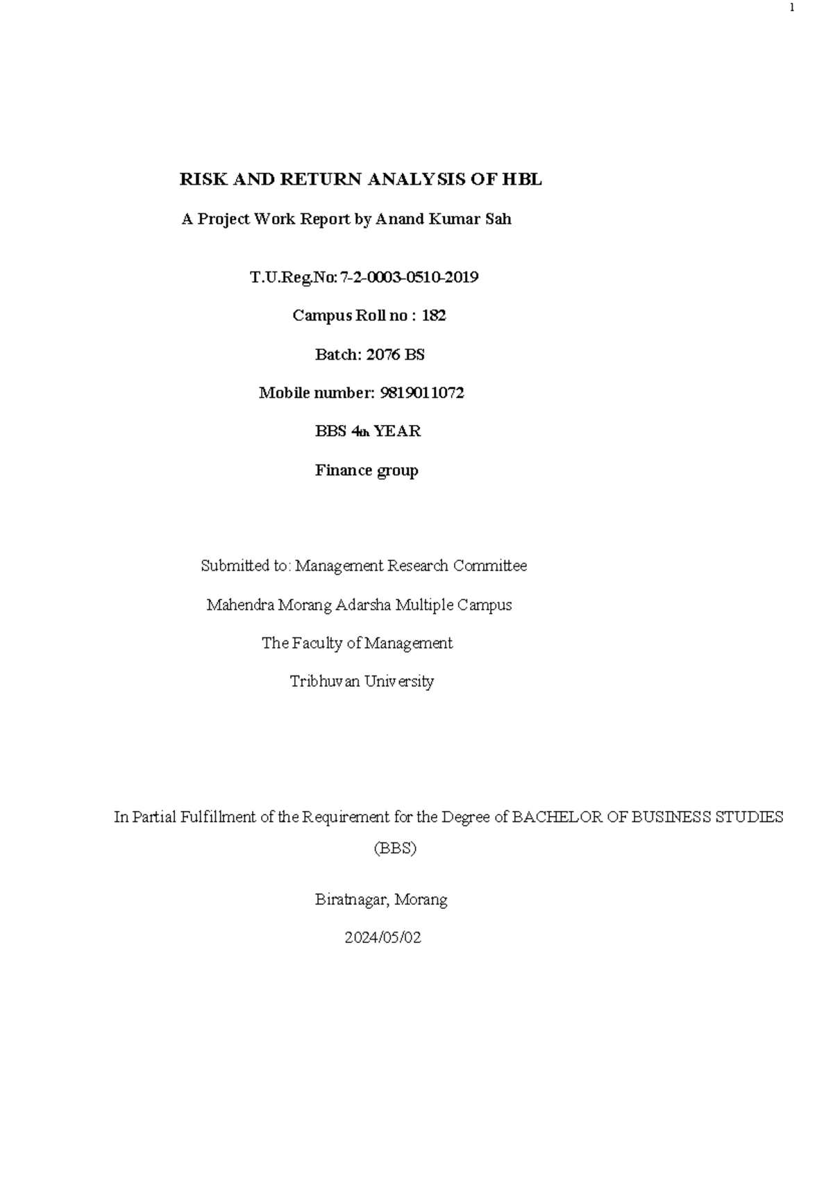 Risk and Return Analysis of HBL: A Study in BBS 4th Year Finance - Document Preview