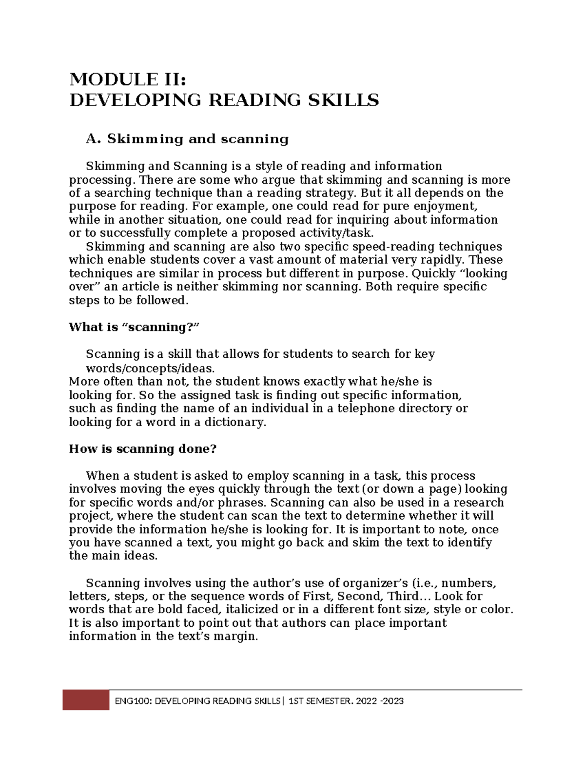 2 - Module 2 - Developing Reading Skills - MODULE II: DEVELOPING ...