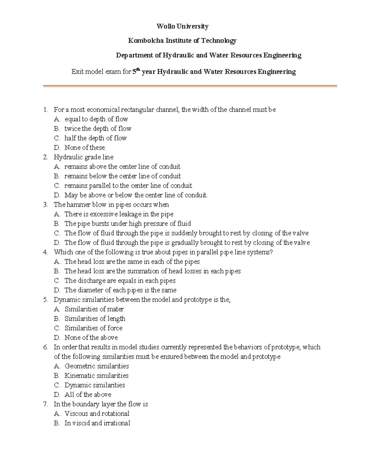 EXIT EXAM - Hydraulic and Water Resources Engineering (5th Year) - Studocu