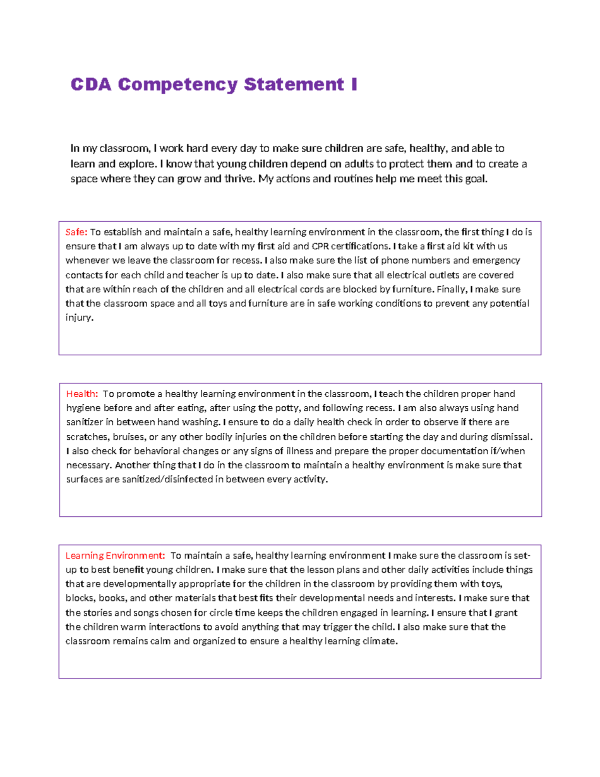 CDA Competency Statement I: Creating a Safe & Healthy Classroom - Studocu