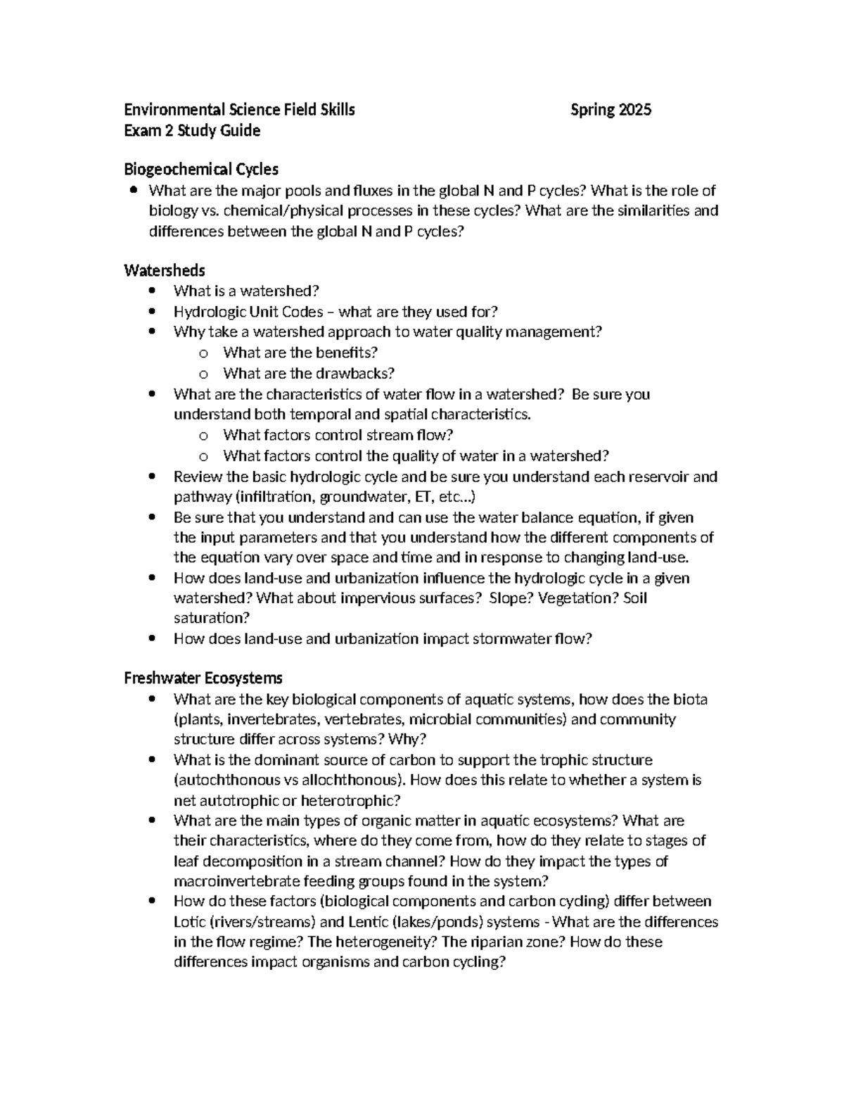 Environmental Science Field Skills Exam 2 Study Guide - Spring 2025 ...