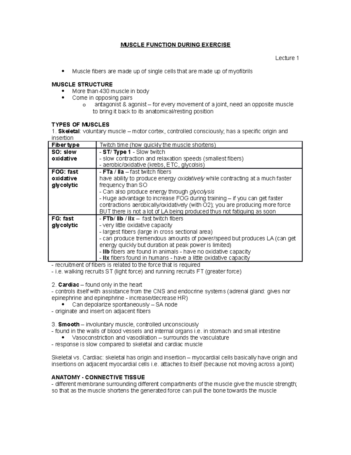 Lecture Notes: Muscle Function in Exercise (MUSC 101) - Studocu
