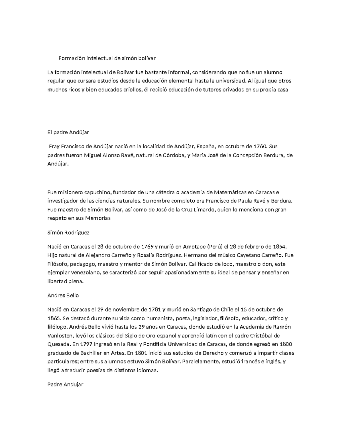 Formación Intelectual de Simón Bolívar: Tutores y Maestros Clave - Studocu