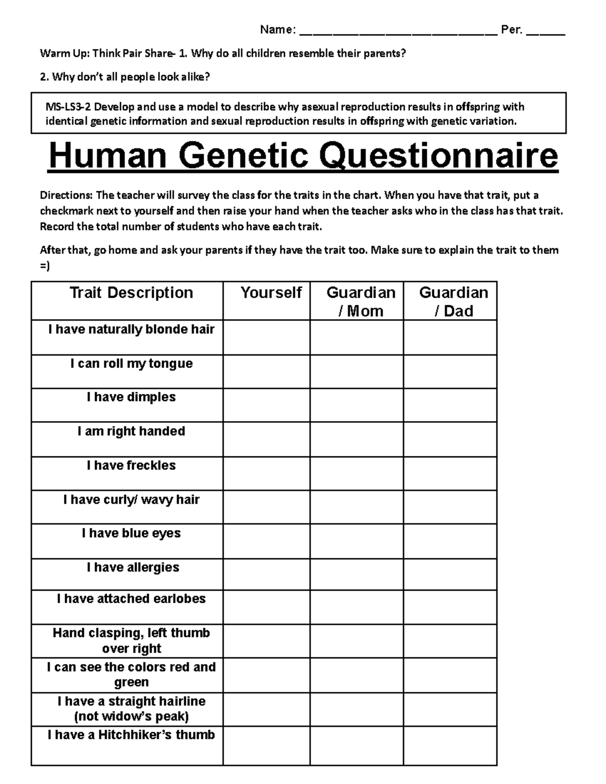 Genetic Questionnaire: Exploring Traits & Inheritance Patterns - Studocu