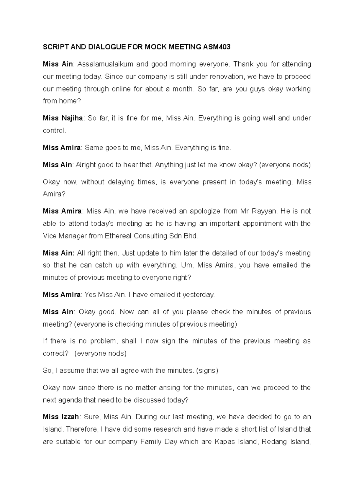 Script and Dialogue for Mock Meeting - ASM403 - Studocu