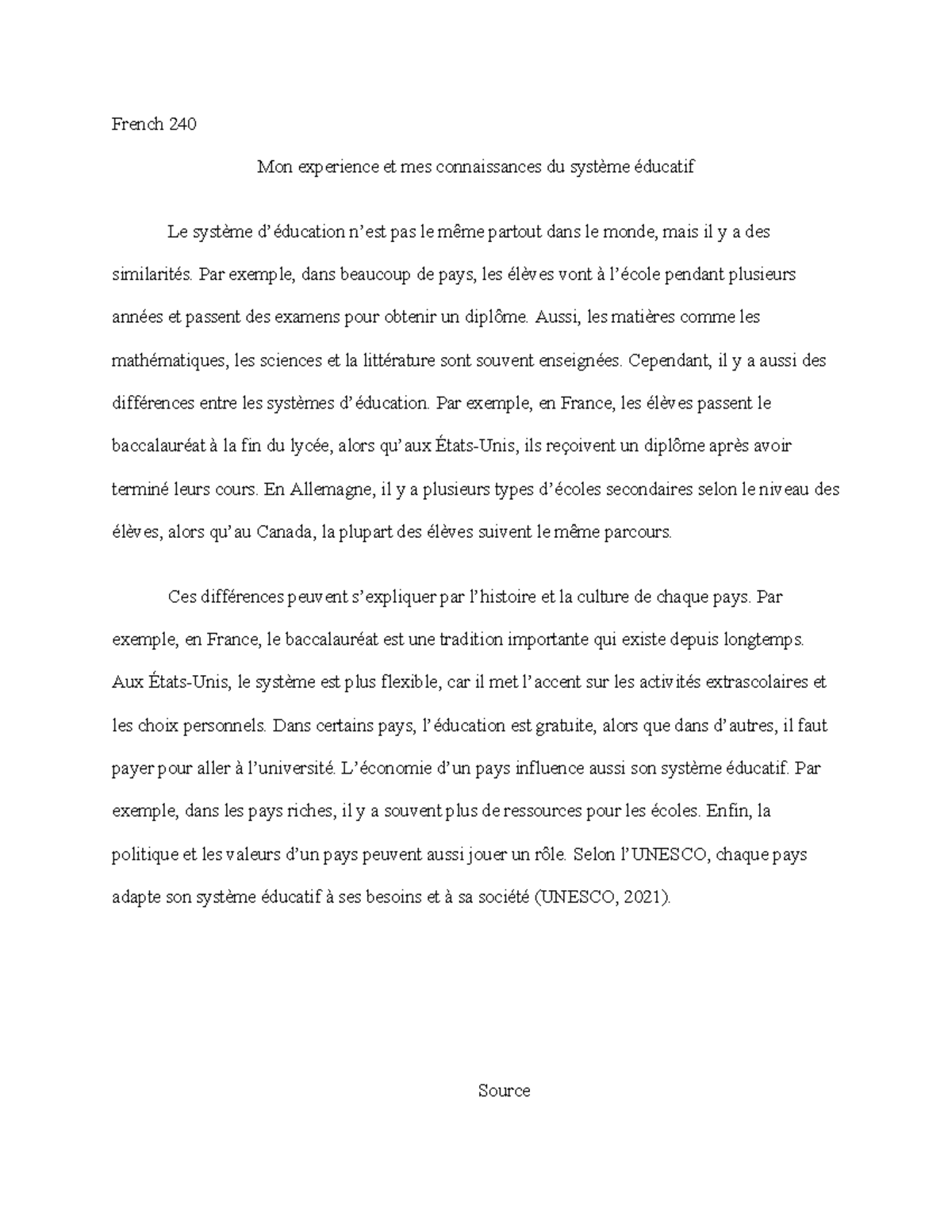 French 240 - Writing Assignment on Education Systems Comparison - Studocu