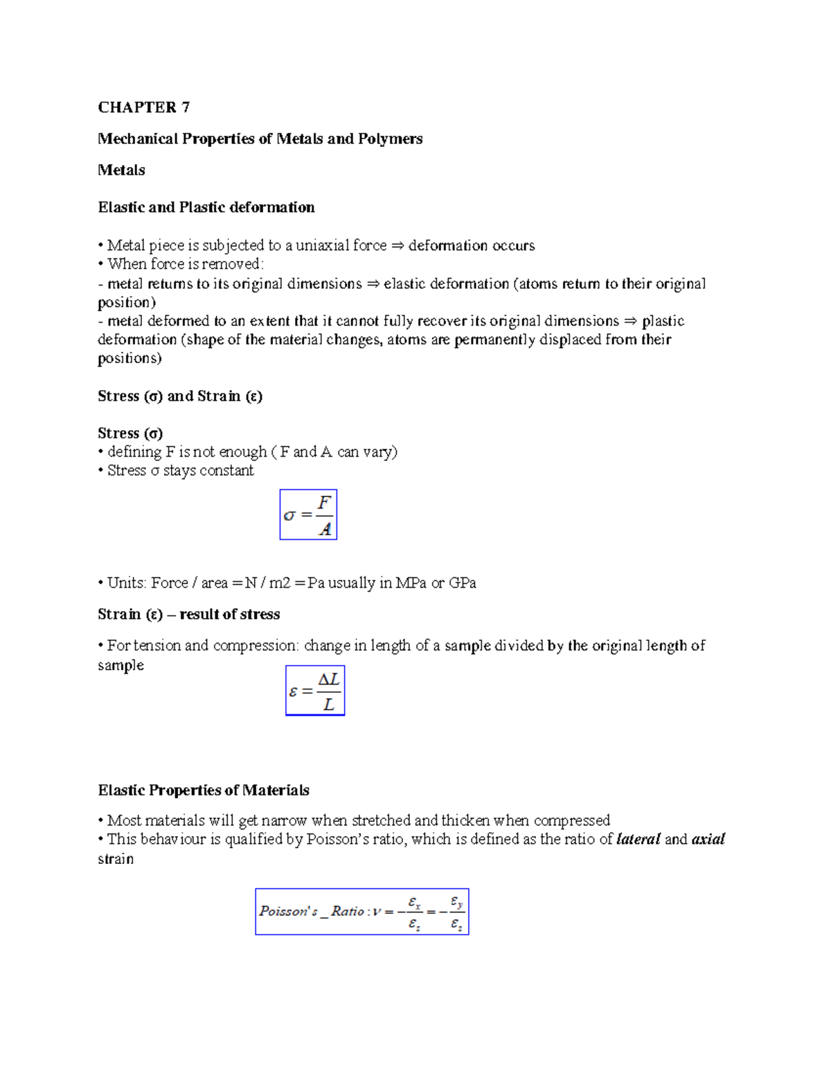 Summary - Chapter 7, 2-5, 10 - CHAPTER 7 Mechanical Properties of ...