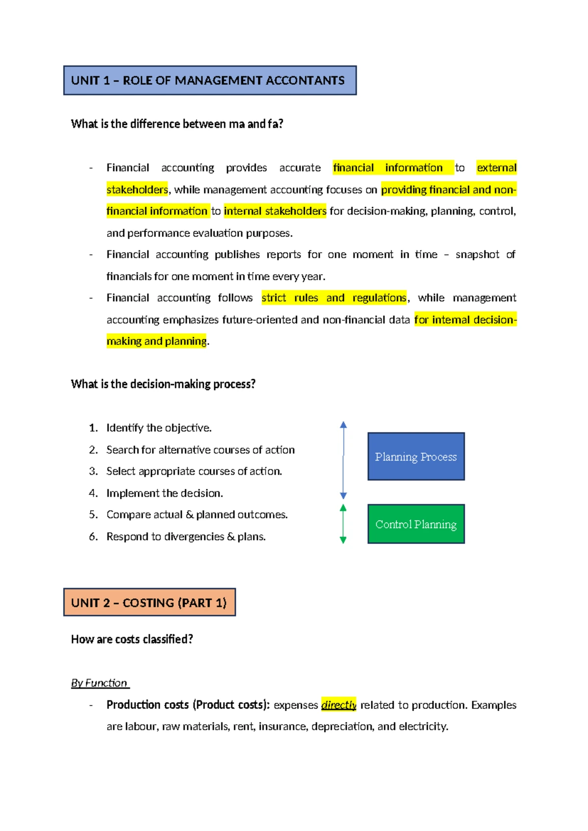 MA - Pre-Class Lecture Notes on Management Accounting Unit 1 - Studocu