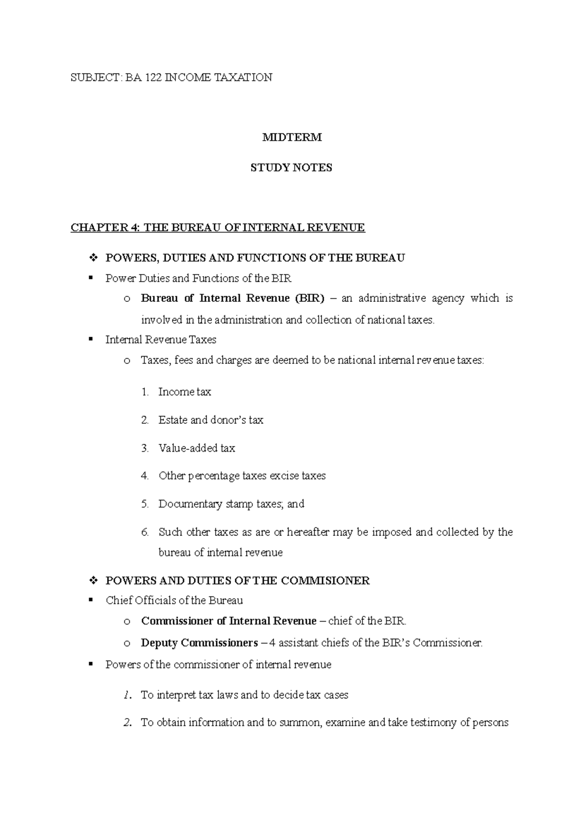 Midterm Study Notes - Income Taxation - SUBJECT: BA 122 INCOME TAXATION ...