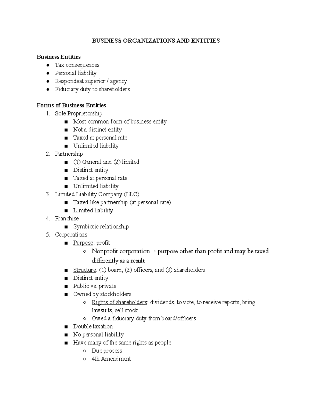 MGMT 200 Final Exam Notes: Business Organizations and Torts Overview ...