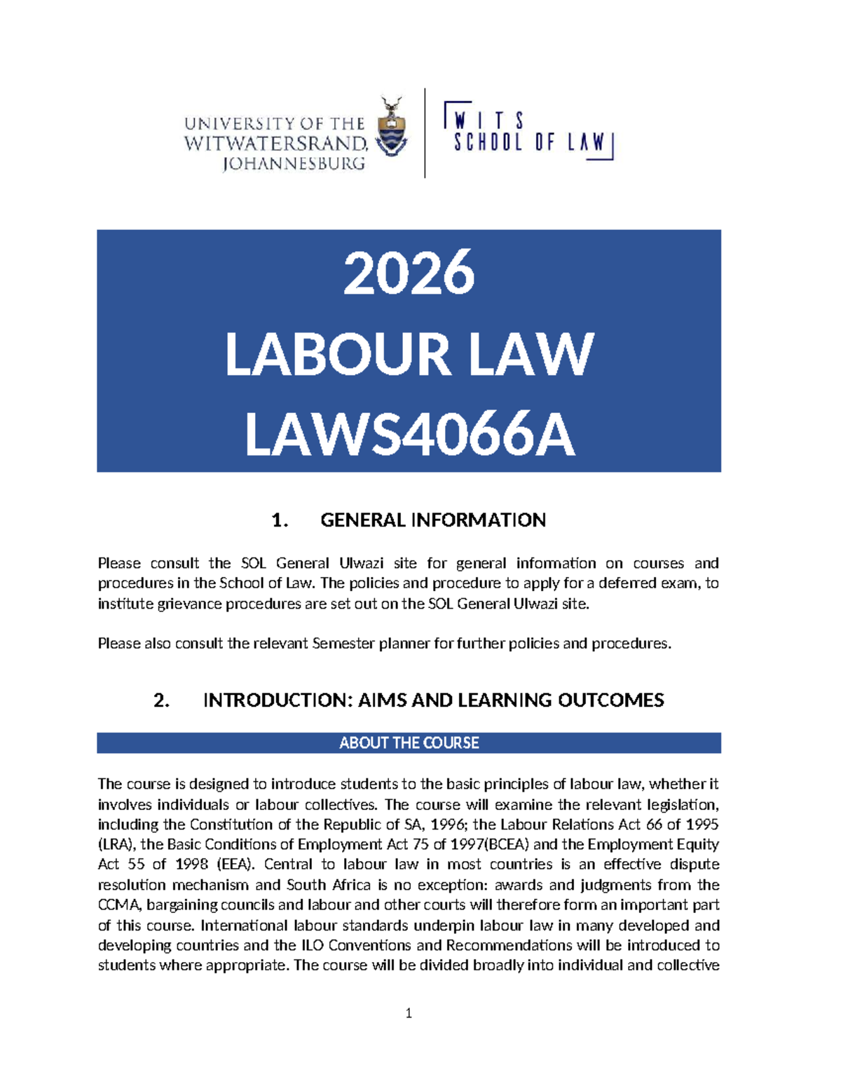 Labour Law Course Outline 2026 - Laws4066A - Studocu