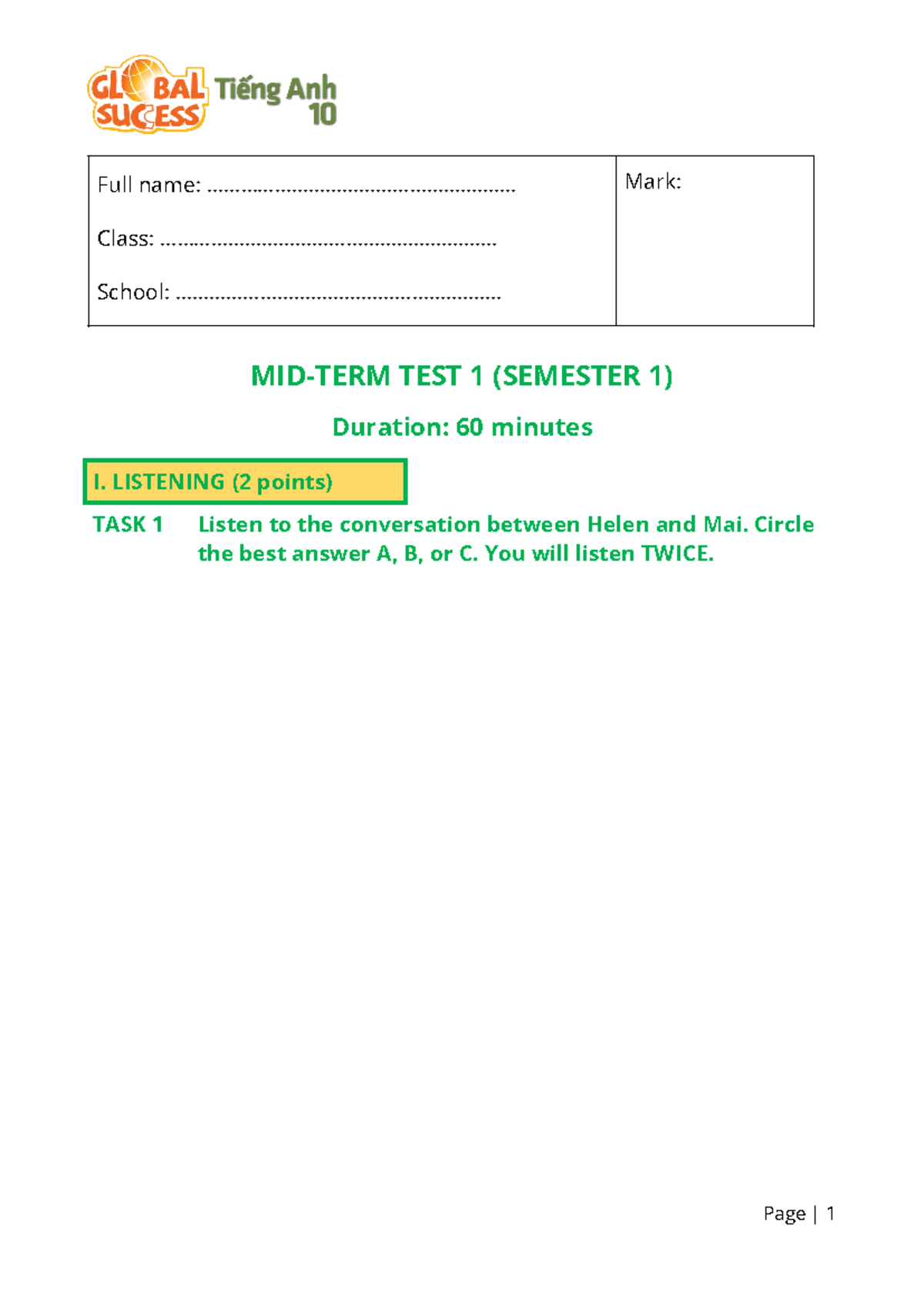 MID-TERM TEST 1 (Semester 1) - Listening and Reading Activities - Studocu