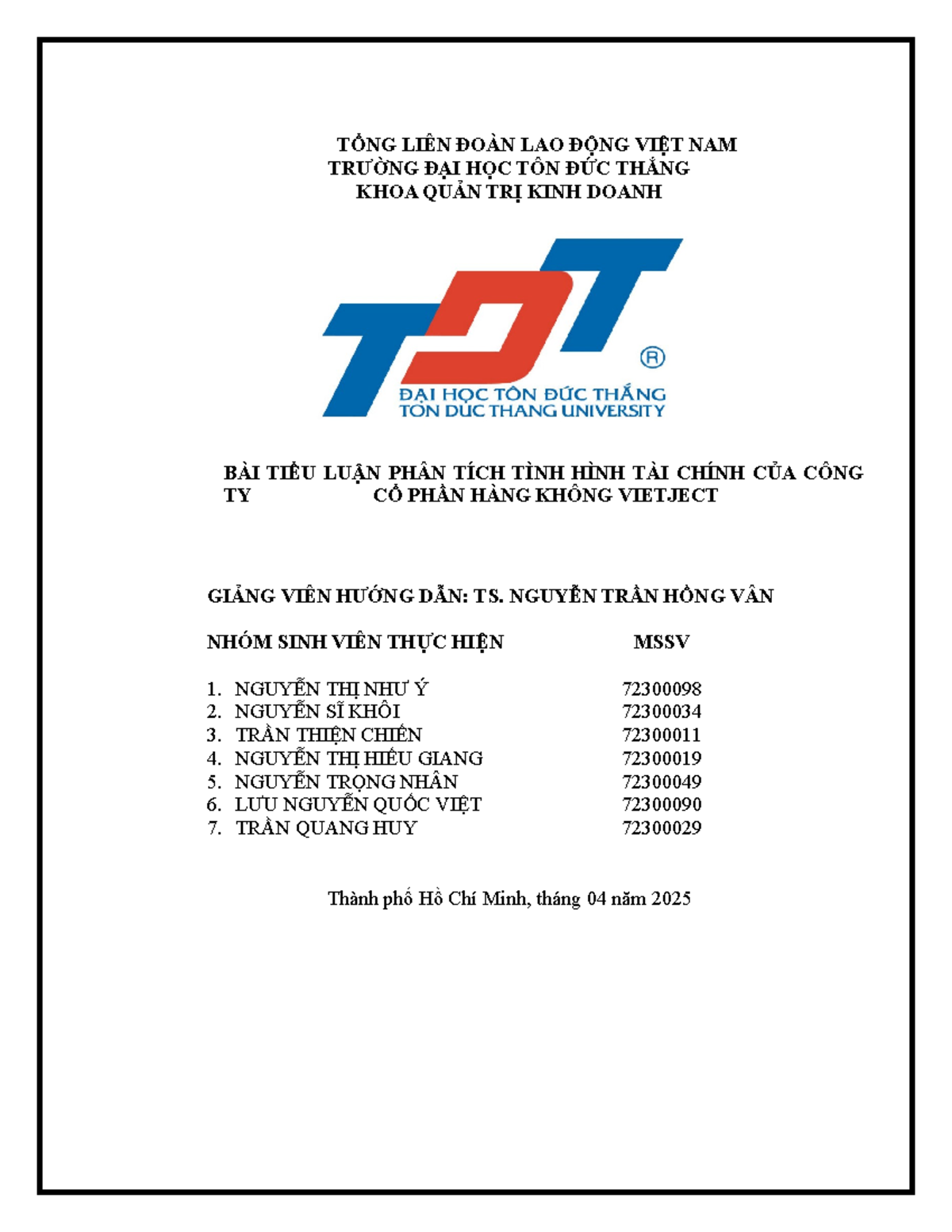 Tiểu luận TCTKD - Phân Tích Tình Hình Tài Chính Vietjet Air cuối kỳ - Document Preview