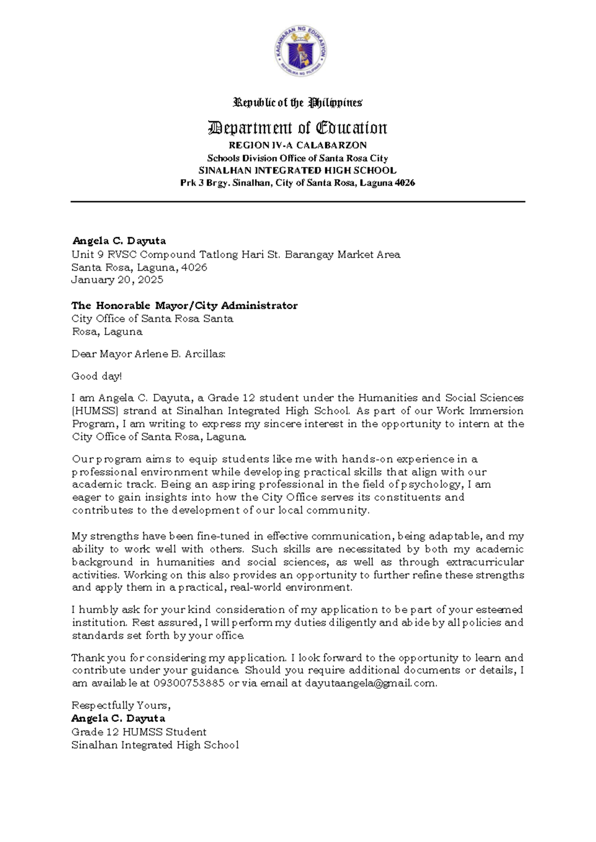 LOI; Work Immersion Application by HUMSS Student - Angela C. Dayuta ...