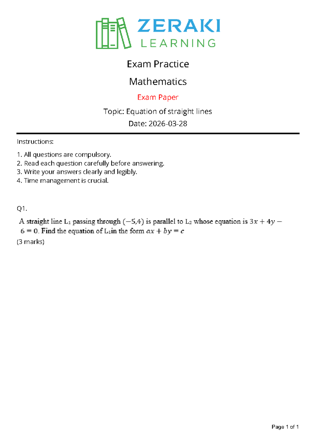 Exam Practice Equation of straight lines - computer science - Exam ...