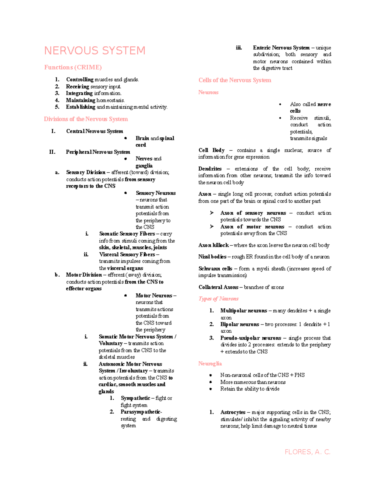 ANAP 101 Lecture Notes: Overview of the Nervous System Functions - Studocu