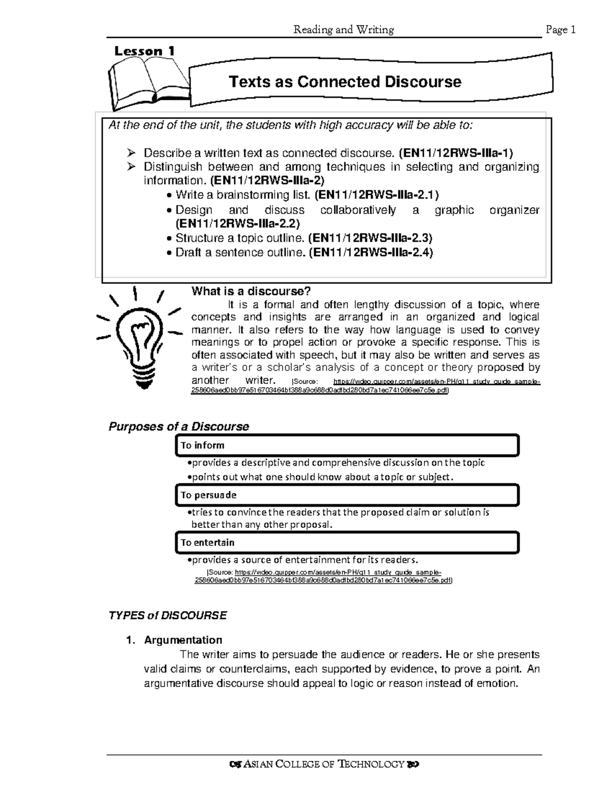 EN11/12RWS-III Reading and Writing: Understanding Discourse Types - Studocu