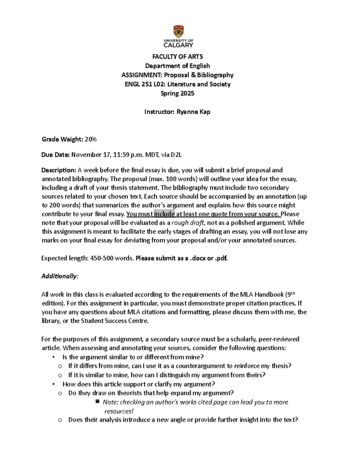 ENGL 251 L02: Proposal & Annotated Bibliography Guidelines - Studocu