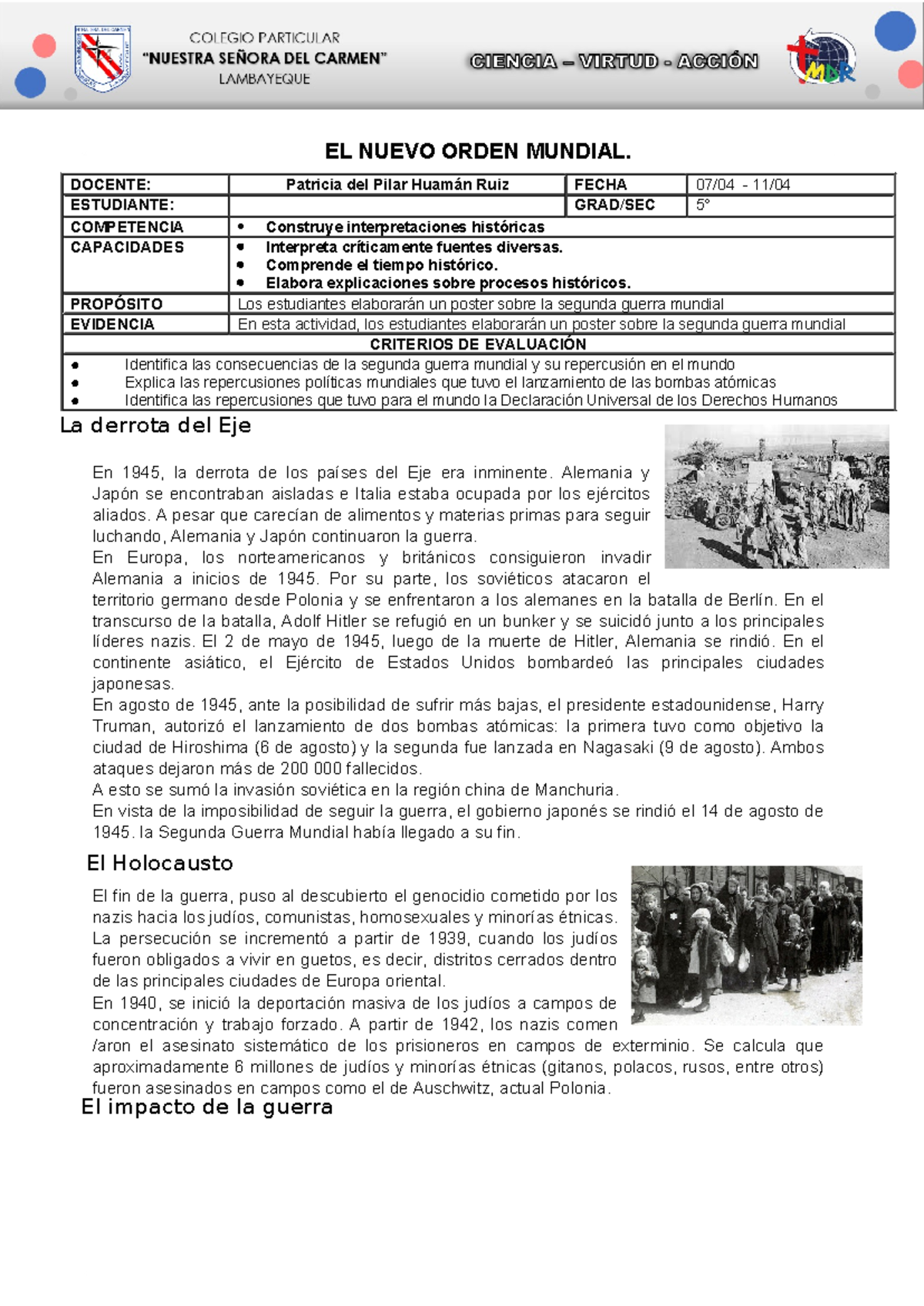 CCSS 5 - Actividad sobre la Segunda Guerra Mundial y sus Consecuencias ...