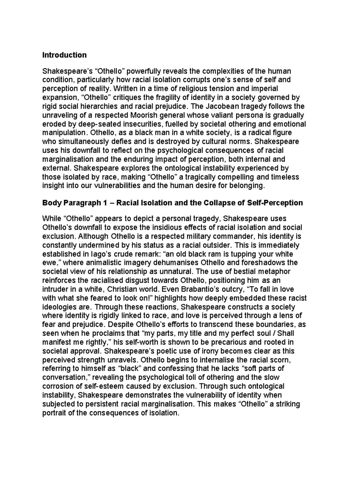Othello (ENG 101): The Tragic Impact of Racial Isolation on Identity ...
