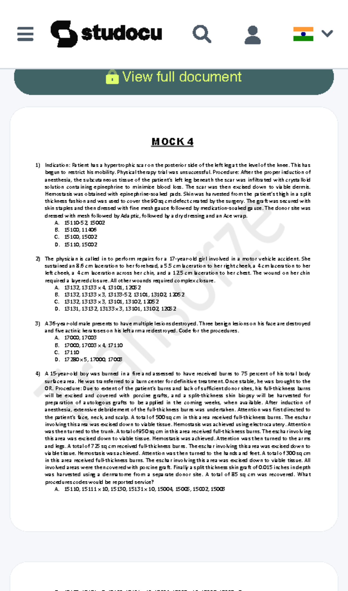 MOCK 4 - cpc exam - MOCK 4 Indication Patient has a hypertrophic scar ...
