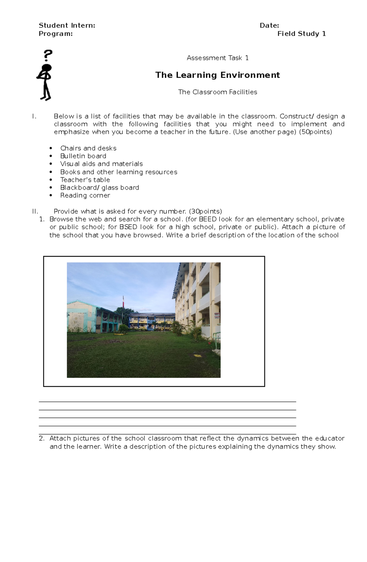 Field Study 1: Classroom Facilities Assessment Assignment - Studocu