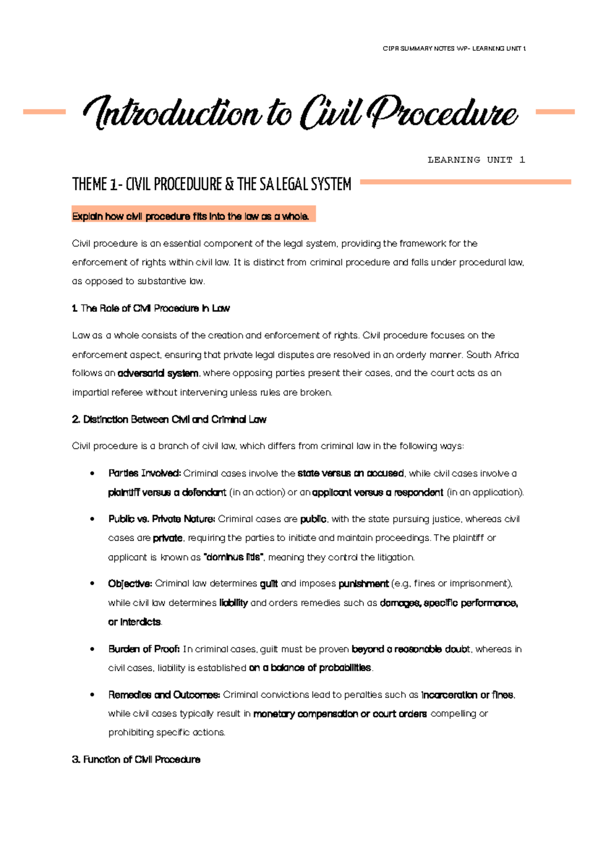 CIPR Summary Notes: Civil Procedure in SA Legal System - Unit 1 - Studocu