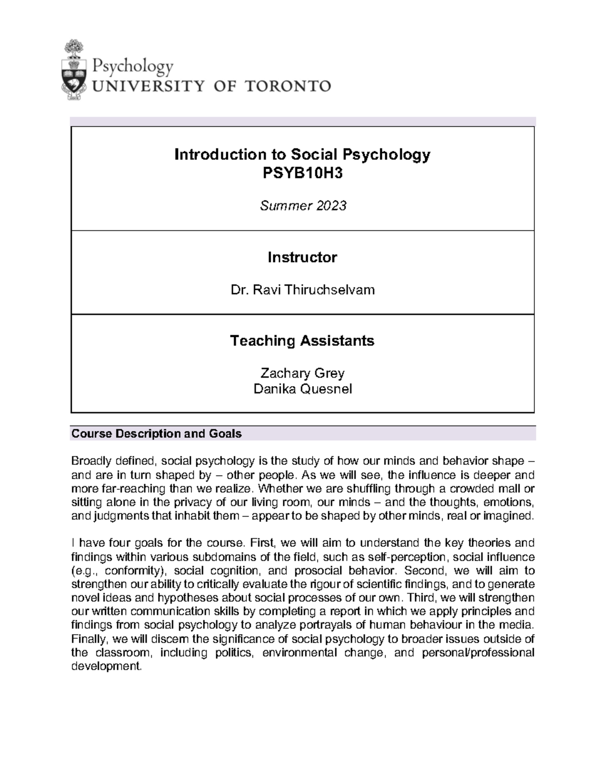 PSYB10 Introduction to Social Psychology Syllabus - Summer 2023 - Studocu