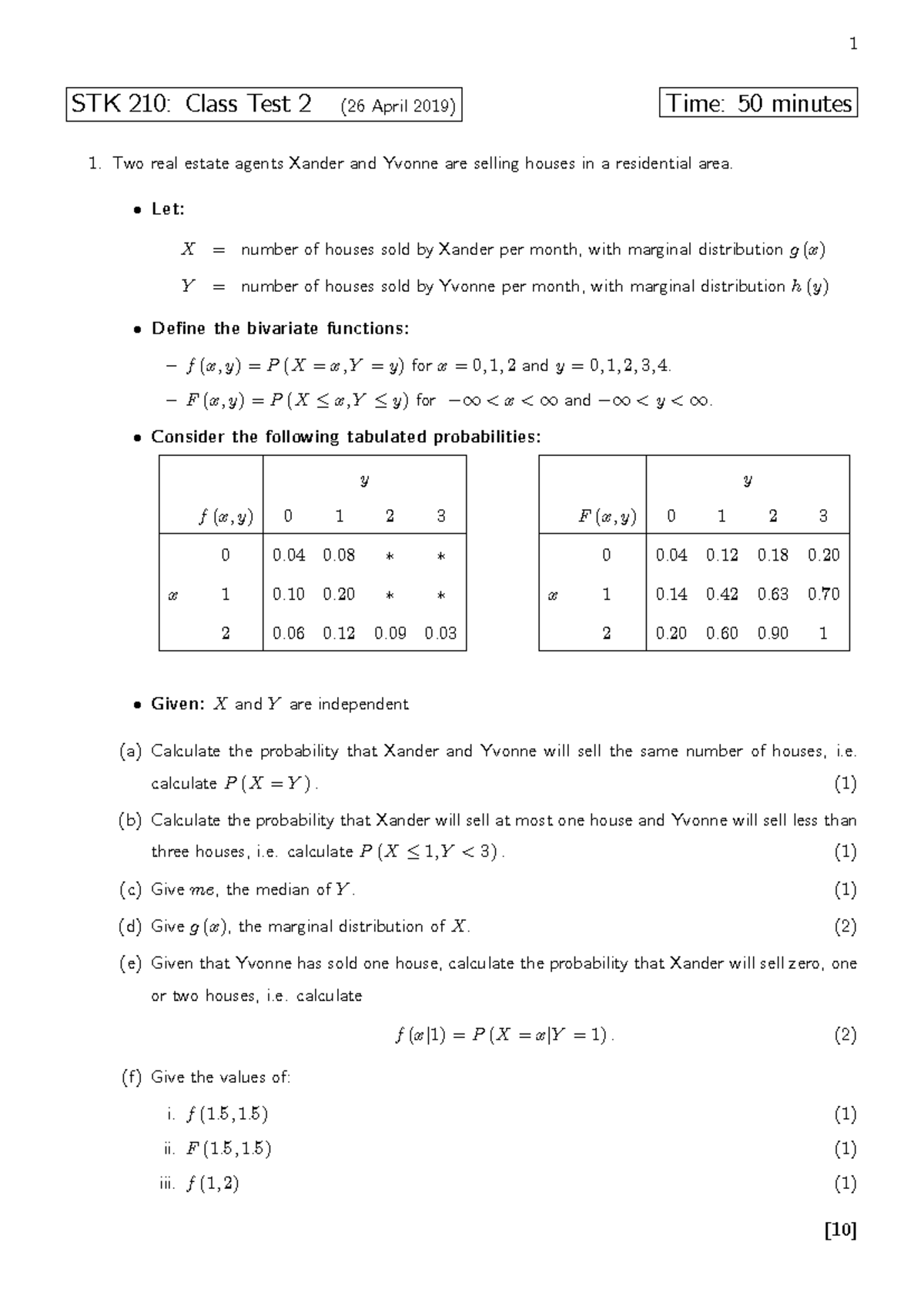 1 STK 210: Class Test 2 Solutions and Probability Calculations (2019 ...