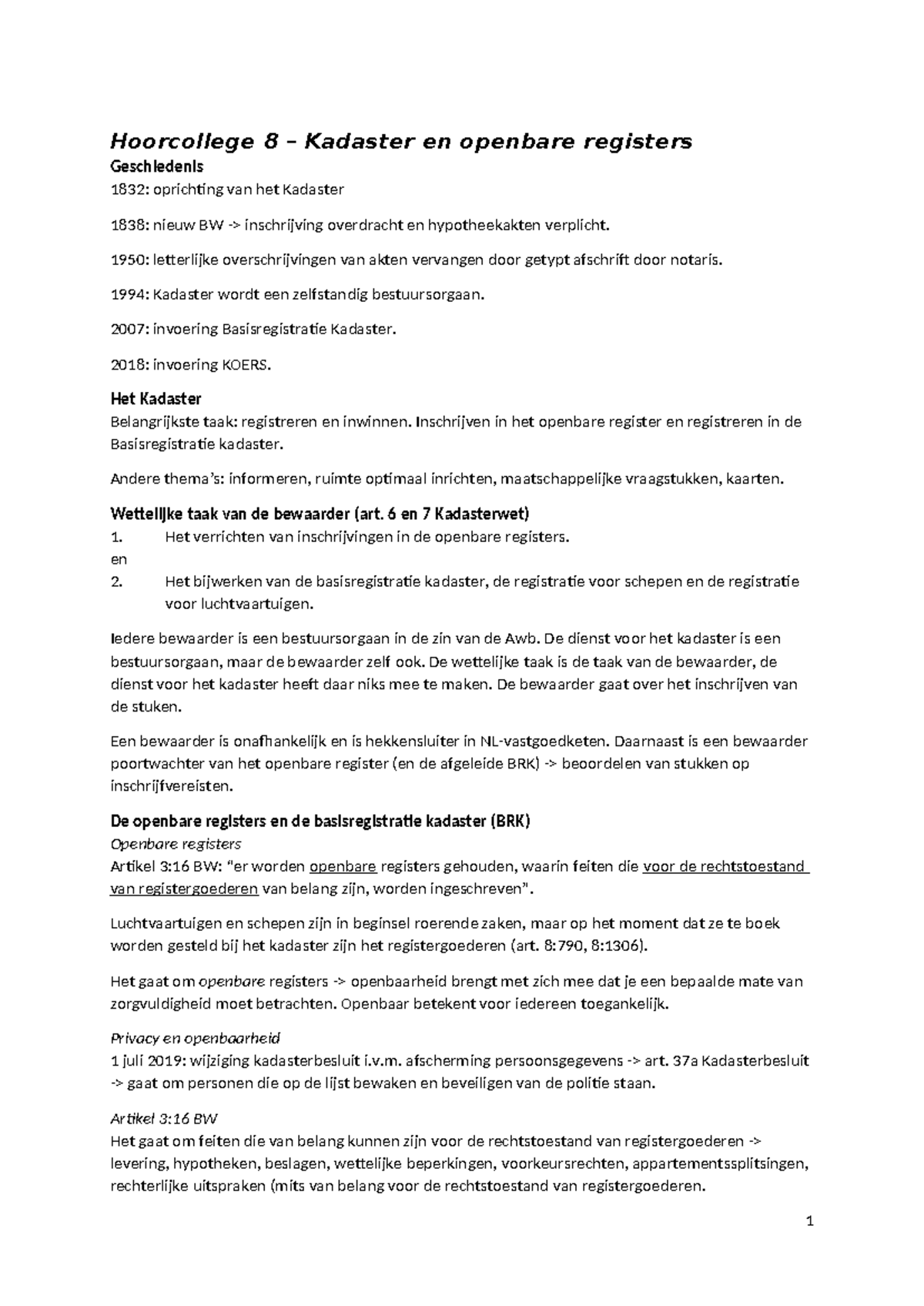 Hoorcollege 8: Geschiedenis van het Kadaster en Openbare Registers ...